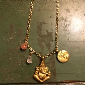 Gold Rose & Cherry Quartz Ganesha Lotus Necklace